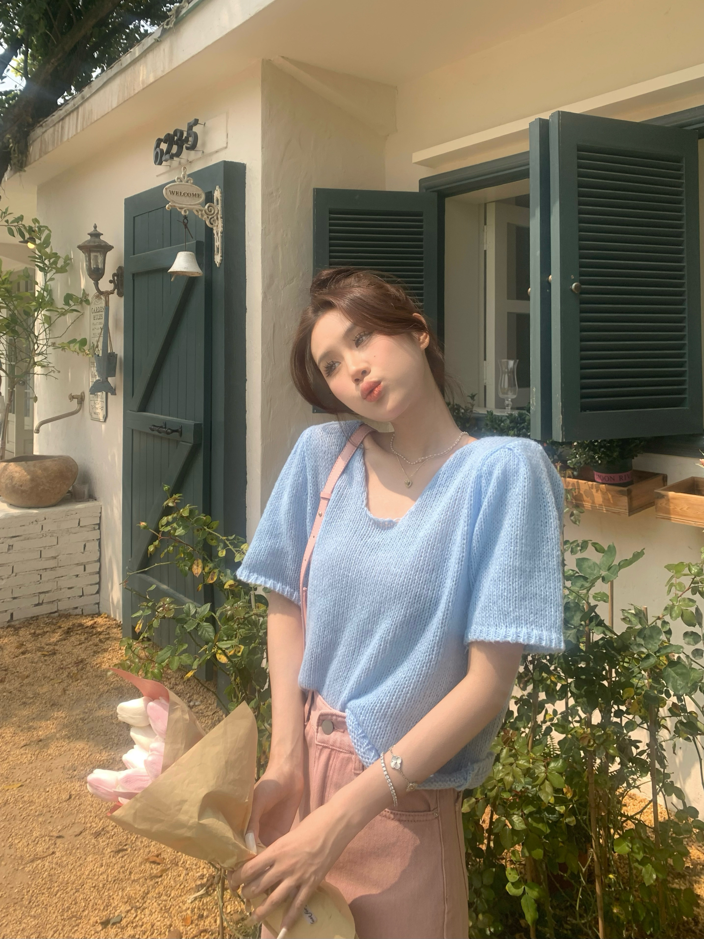 實拍甜美韓系chic奶藍色短袖毛衣