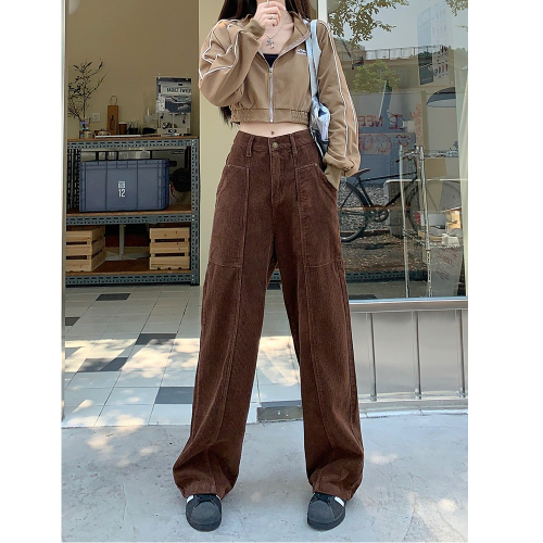 Maillard Retro Coffee Brown Corduroy Overalls Women's Spring and Autumn High Waisted Wide Leg Straight Pants 2024 New Style
