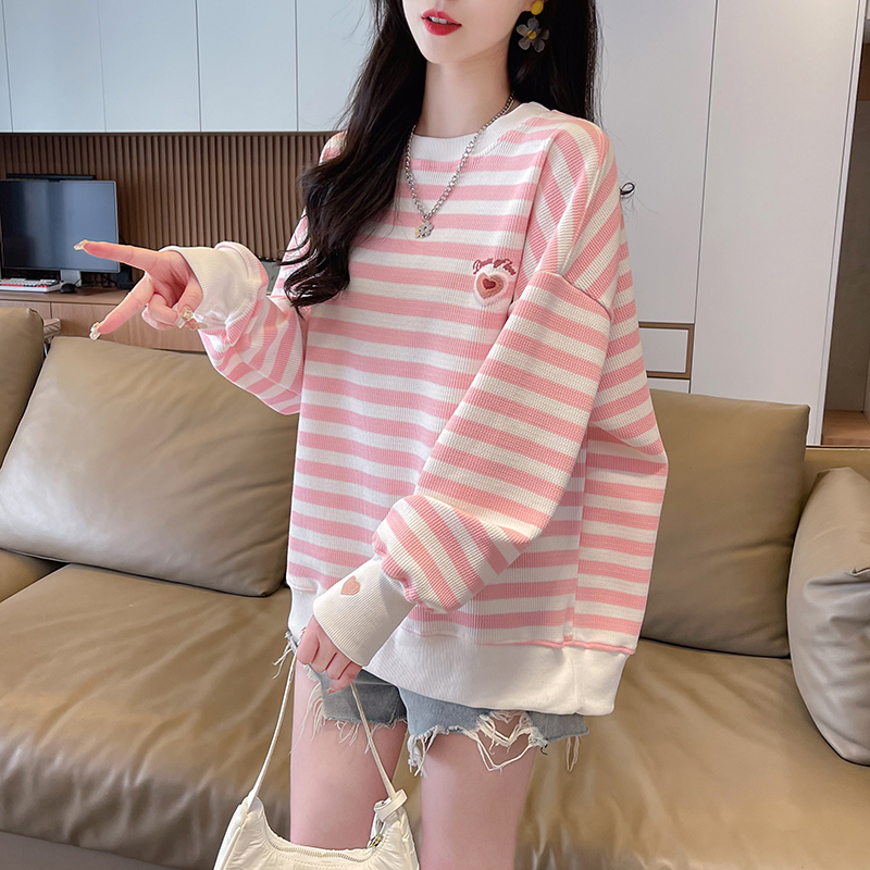 實拍華棉 圓領條紋衛衣女新款春秋季洋氣減齡寬鬆設計感上衣潮