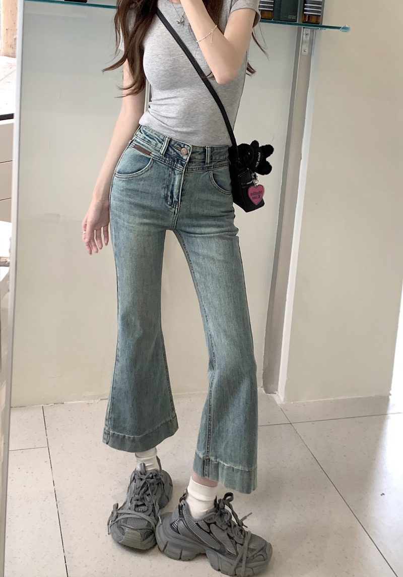 實拍#新款彈力微喇叭牛仔褲女設計感闊腳九分長褲子