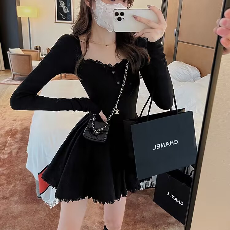 純欲蓬蓬性感蕾絲連衣裙女秋季新款長袖收腰氣質辣妹百褶A字短裙