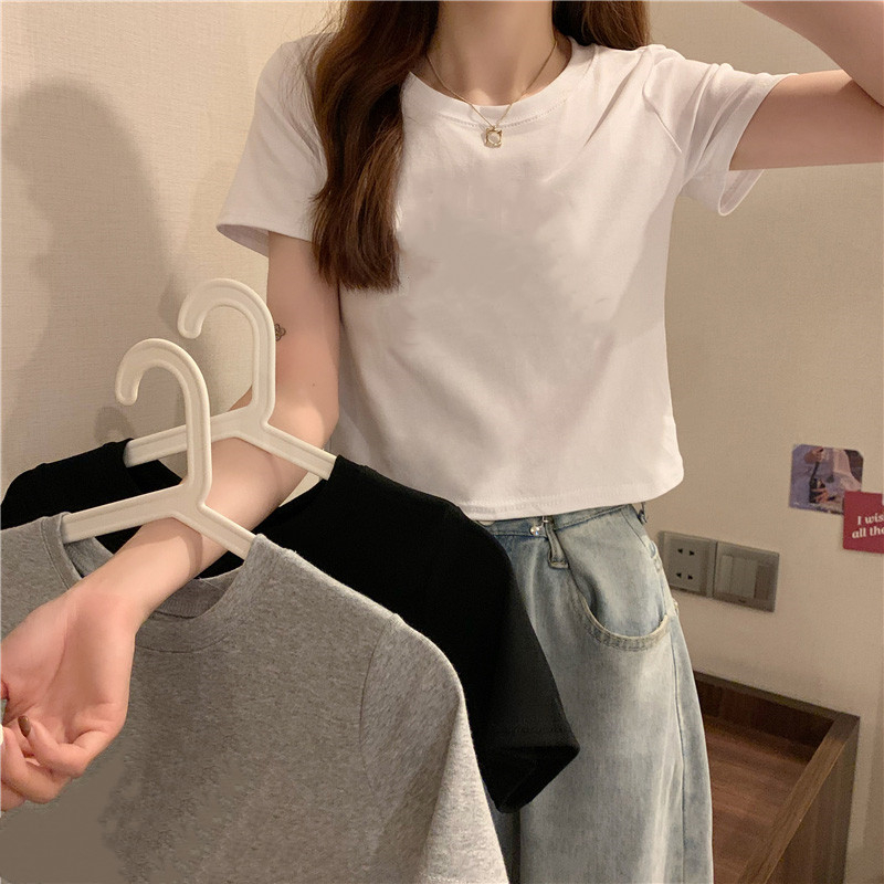 短袖T恤女夏2024新款韓版修身顯瘦打底衫學生短款百搭上衣