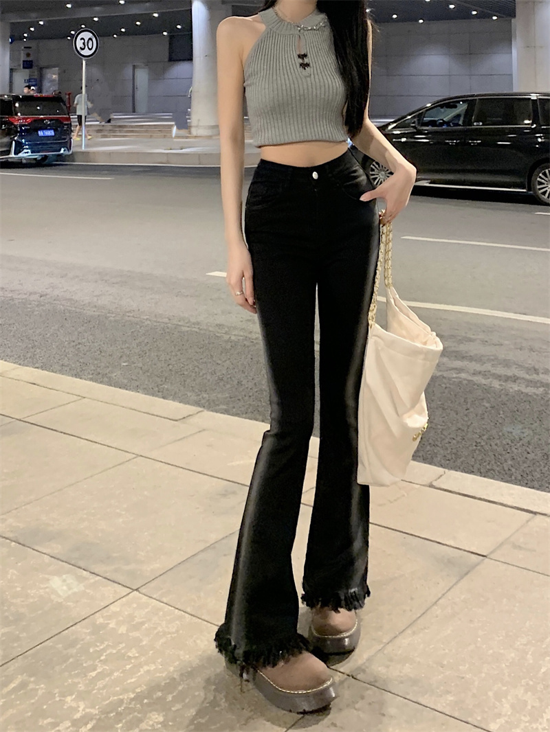 實拍 春季新款高腰彈力毛邊微喇修身長牛仔褲女
