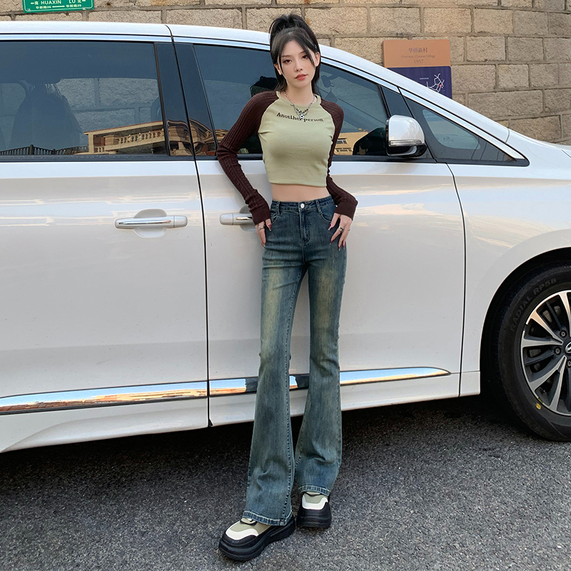 實拍2024早春時尚潮流修身微喇美式復古牛仔褲女