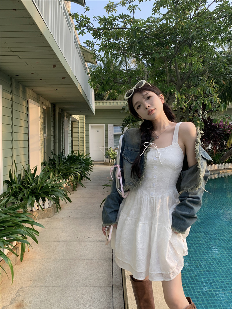 實拍韓系牛仔甜酷少女開衫外套+初戀蕾絲吊帶連衣裙