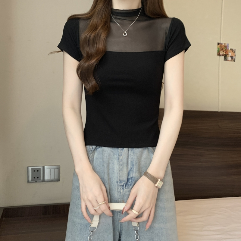 實拍 40支純棉 2024夏裝辣妹風短袖T恤女修身網紗拼接