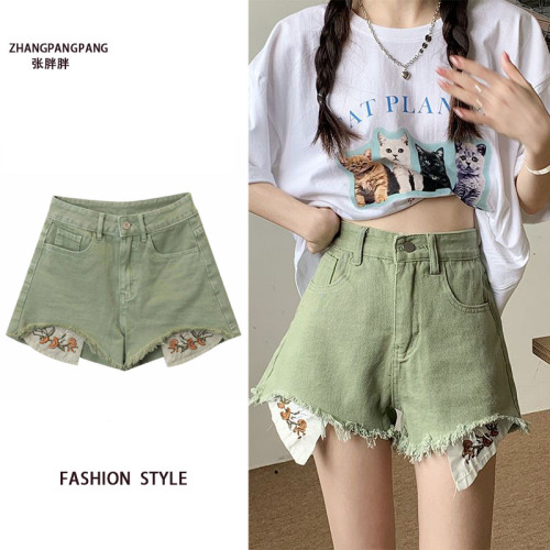 Plus size fat mm green denim shorts for women summer new design embroidered raw edge outer wear A-line wide-leg hot pants
