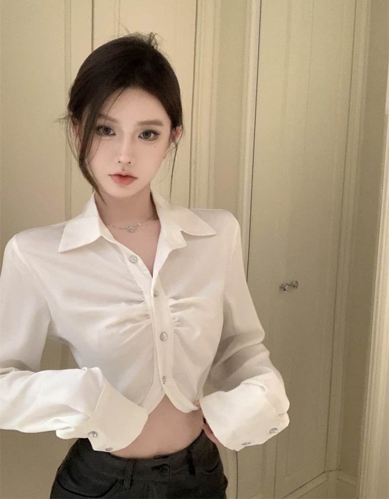 實拍 純欲辣妹polo領長袖襯衫女性感緊身開衫露臍短款上衣