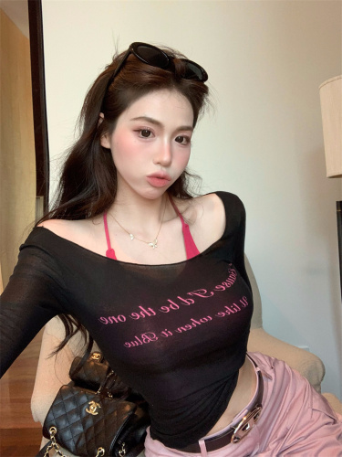 Actual shot of Pure Desire Hot Girl One Shoulder Printed Knitted Top Women's Sun Protection Thin T-Shirt