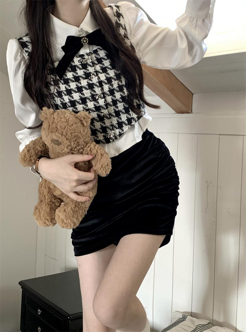 Actual shot~ Houndstooth top, shirt, hip-covering skirt, three-piece suit for women