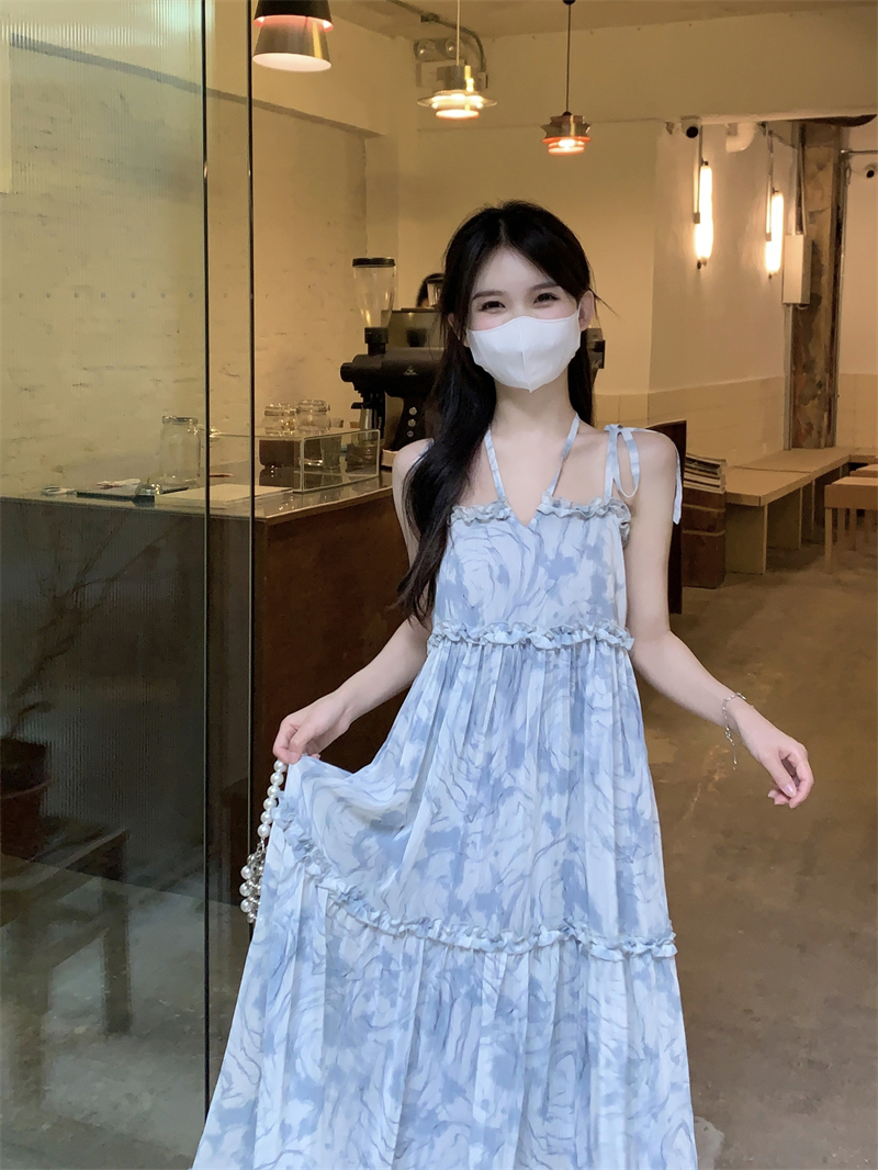 實拍~暈染雪紡吊帶連衣裙仙女蛋糕減齡洋氣裙子