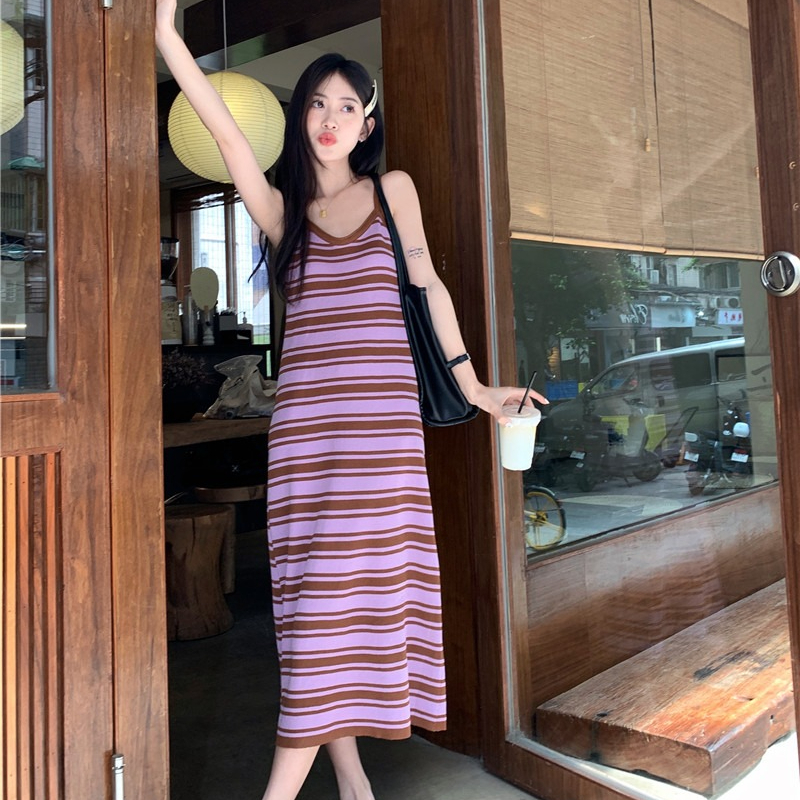 法式條紋吊帶背心連衣裙女新款2024年夏季高腰打底衫a字裙中長裙
