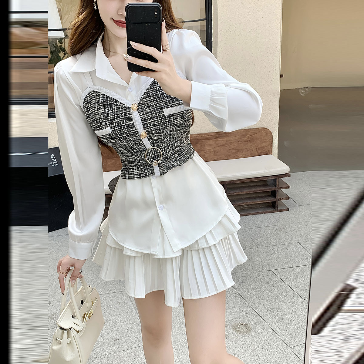 實拍春季新款襯衫+吊帶+半身裙三件套