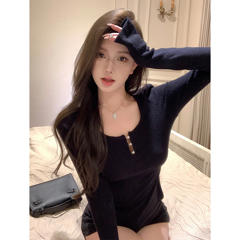 Real shot round neck long sleeve T-shirt for women spring solid color design slim fit hollow sexy inner bottoming top