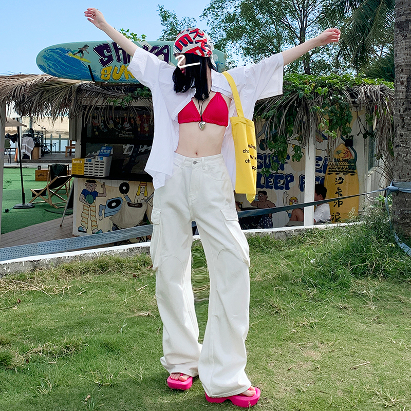 實拍 夏日比基尼｜春夏辣妹多口袋工裝褲寬鬆直筒闊腿牛仔褲