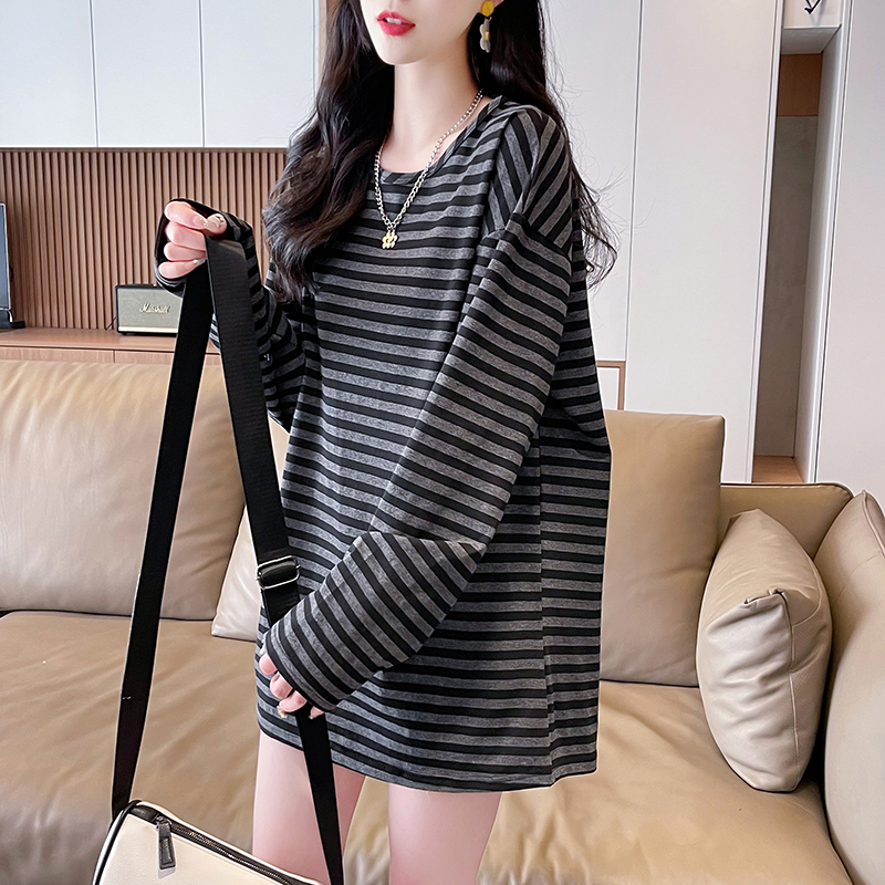 Real shot 2024 new spring Korean style loose cotton round neck striped mid-length bottoming shirt T-shirt for women