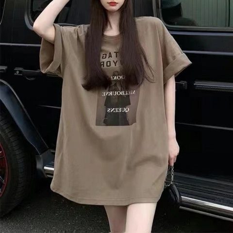 Summer plus size women's casual mid-length short-sleeved T-shirt loose fat mm belly-covering top half-sleeved T-shirt 200 pounds