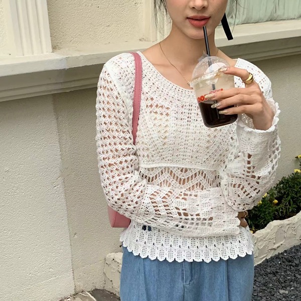 2024春季新款韓版小眾鏤空寬鬆短款長袖外穿針織罩衫套頭上衣女