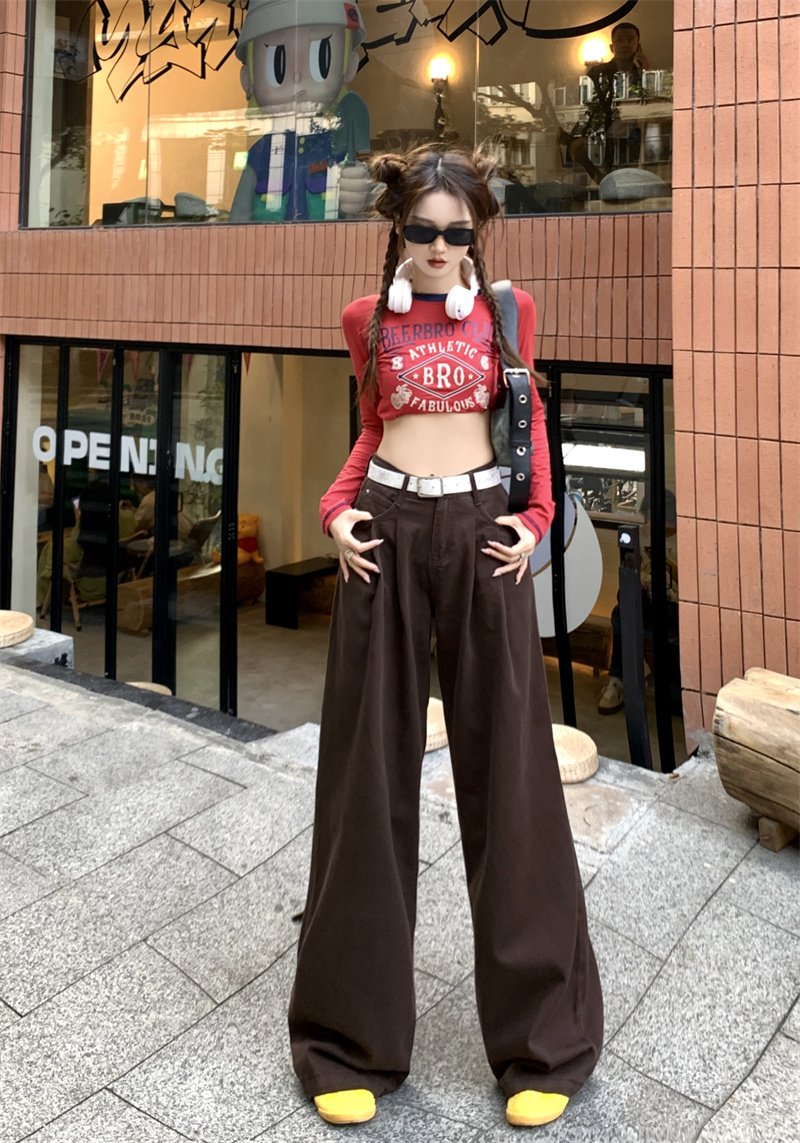 實拍~美式復古深咖色闊腿牛仔褲女春秋高腰百搭顯瘦拖地褲