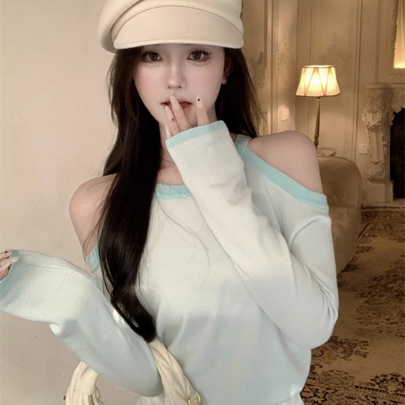 小香風長袖露肩針織衫2024春設計感小心機修身打底衫溫柔氣質上衣