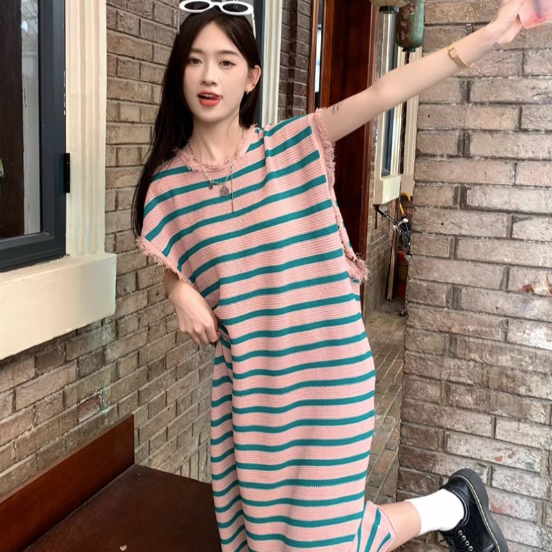 條紋針織背心連衣裙女夏季設計感流蘇中長款寬鬆顯瘦無袖t恤裙子