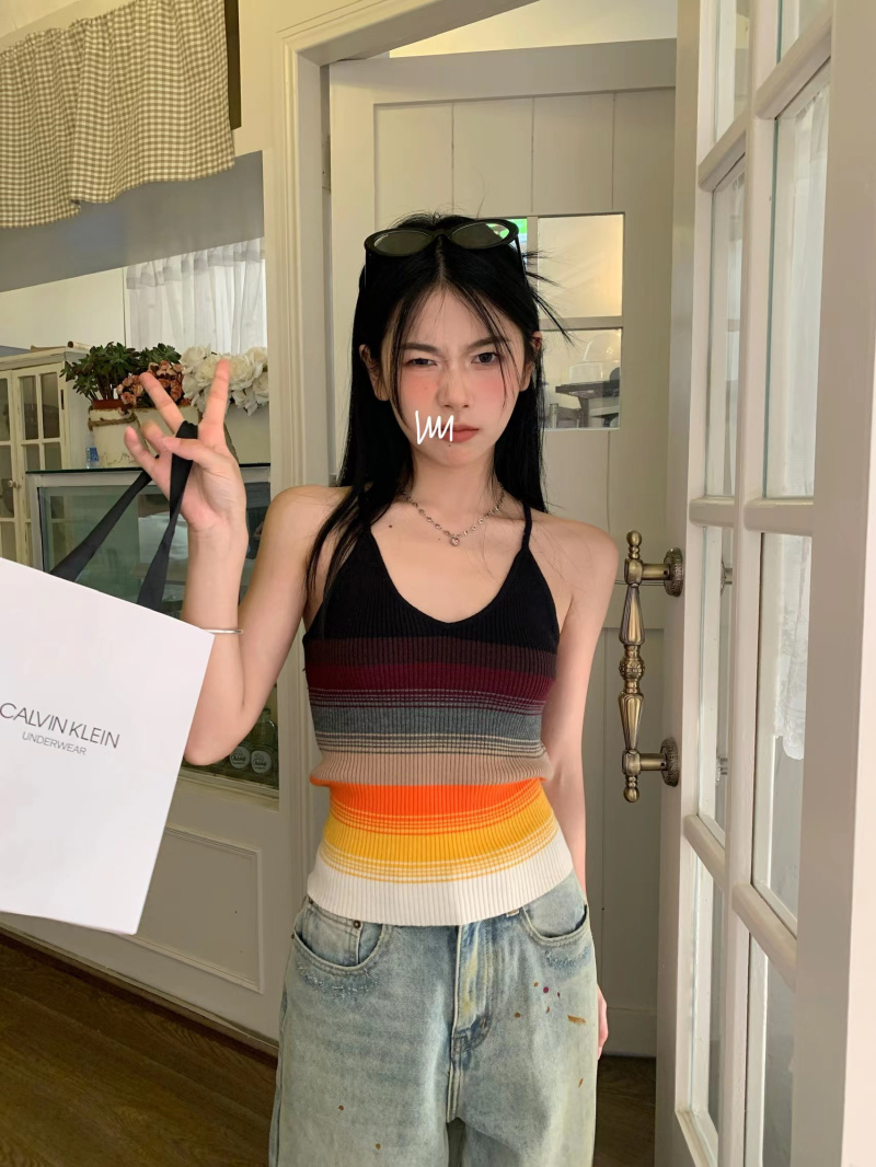 Real shot of twilight striped retro hottie versatile top knitted suspender short-sleeved vest for women