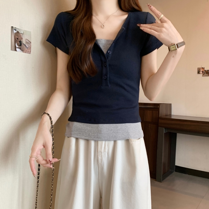 實拍 40支純棉 2024夏裝撞色拼接假兩件短袖T恤女美式修身上衣