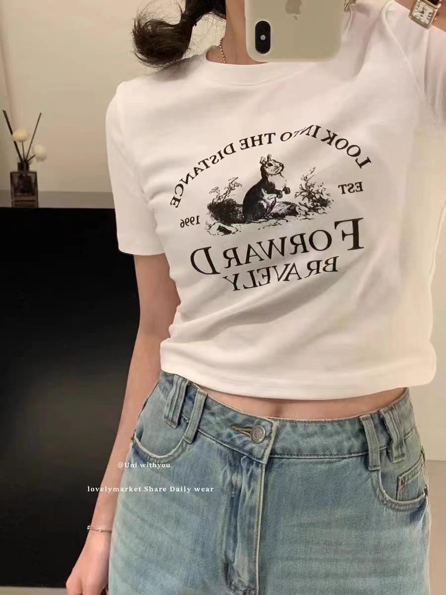 美式復古正肩印花圓領短袖t恤女2024夏季新款高腰短款修身ins上衣