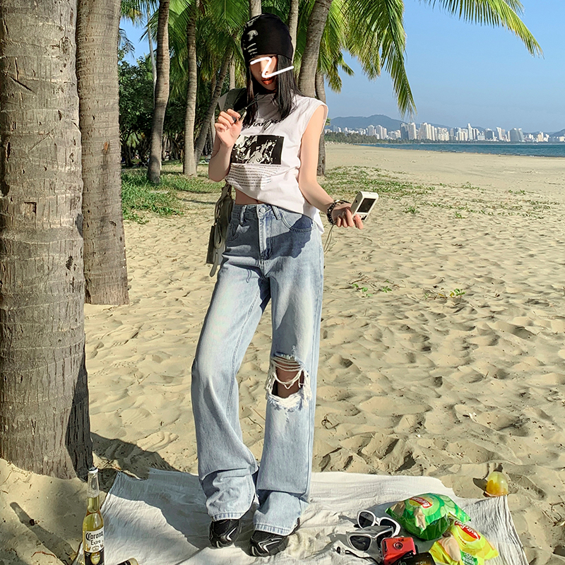 實拍 泰蘭德穿搭｜美式破洞後腳缺口設計感顯瘦直筒闊腿褲