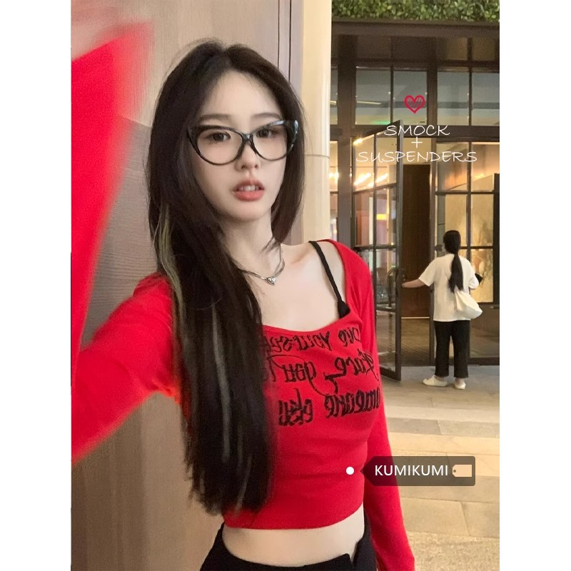 Rayon rib 92 rayon 8 spandex American hot girl lettering printed long-sleeved T-shirt for women in autumn and winter