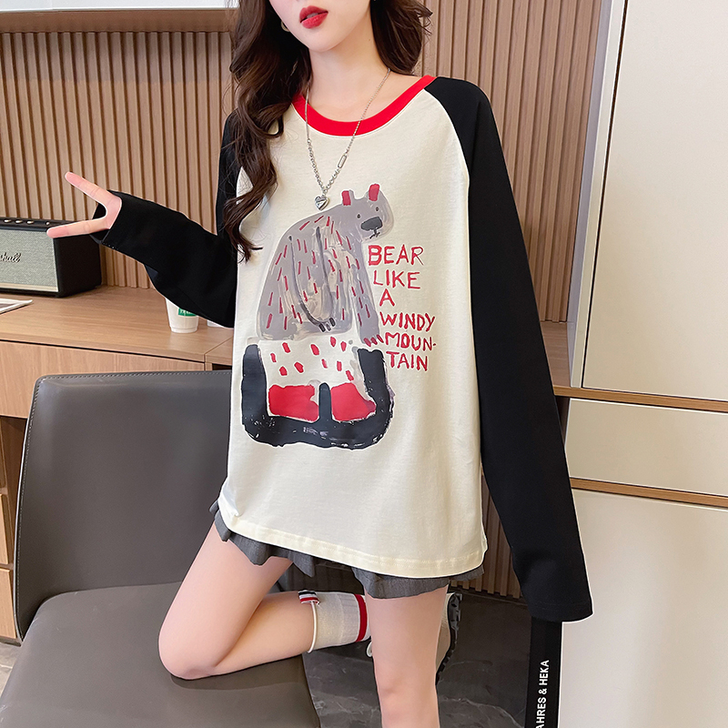 Real shot 2024 new spring Korean style loose 21-count pure cotton raglan sleeves cartoon printed bottoming shirt T-shirt for women