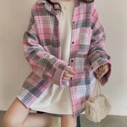 New style woolen long-sleeved plaid shirt jacket, fashionable Korean style warm age-reducing top for women