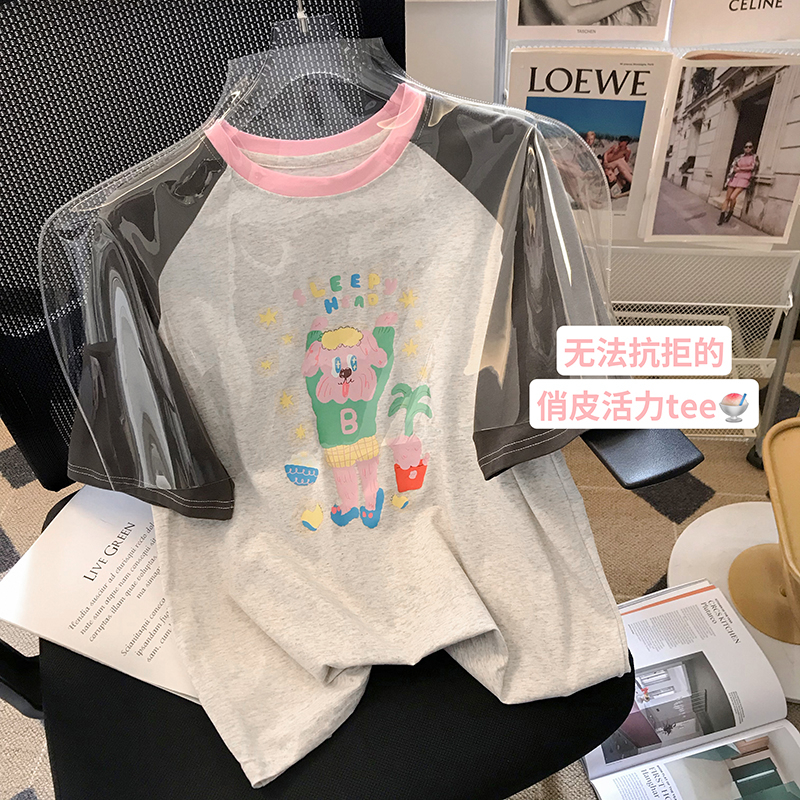 純棉後包條210克精梳緊密 短袖t恤女印花拼接 天貓質量