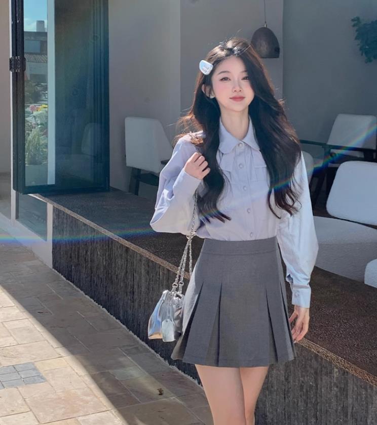佐佐家小個子學院風蝴蝶結燈籠袖襯衫女春季寬鬆休閒純色上衣襯衣