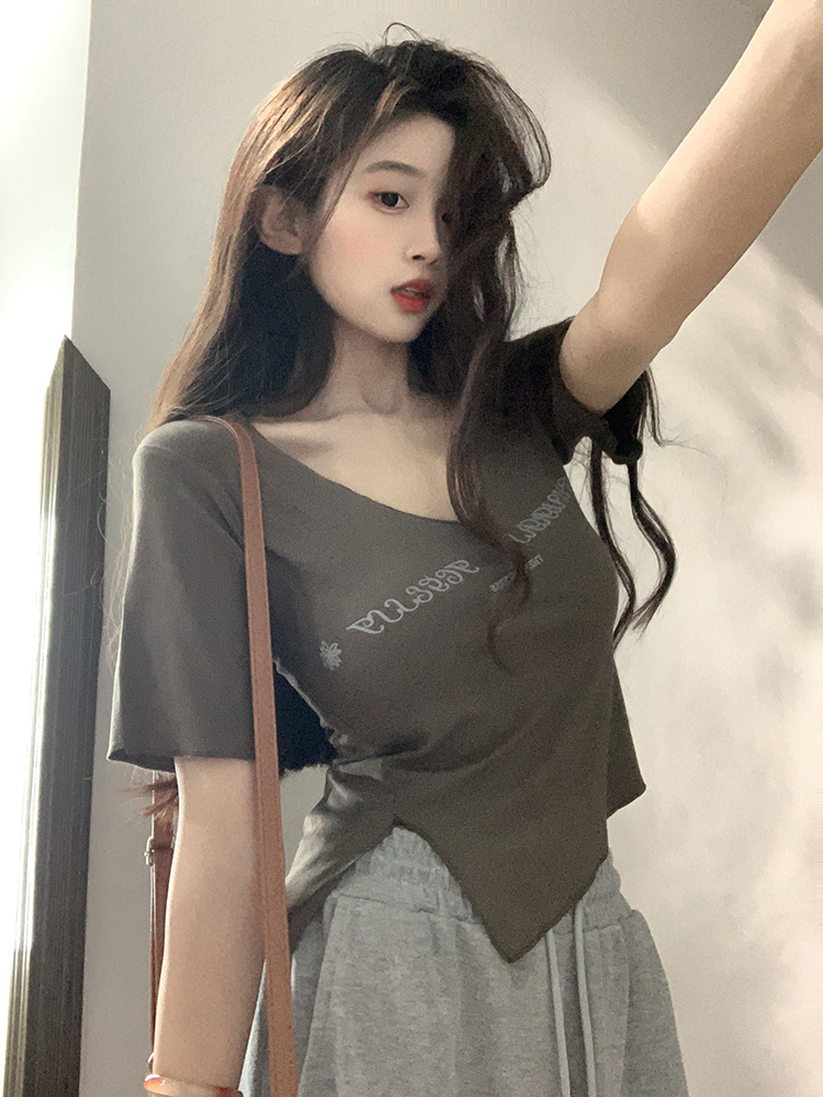 實拍~純欲風修身顯瘦短款印花短袖T恤女上衣