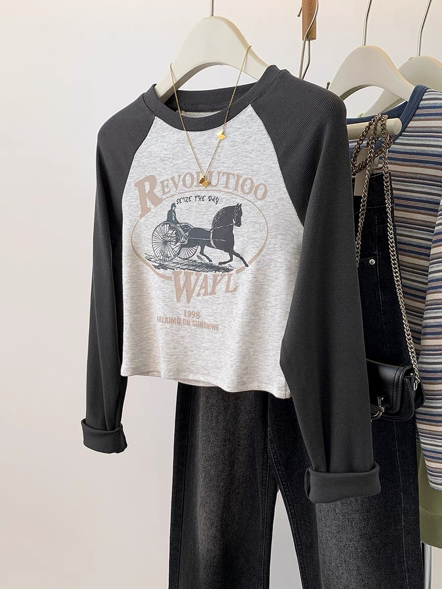 American short raglan sleeve long-sleeved T-shirt for women early autumn 2024 new style small slim fit inner layering shirt top