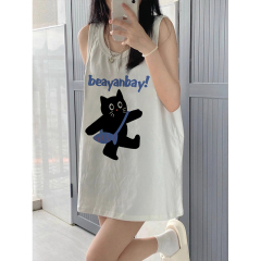 Women's loose spring and summer pure cotton print sleeveless backless top, 210g