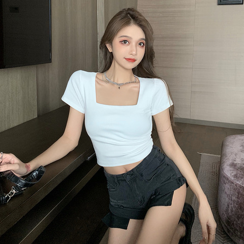 Internet celebrity short-sleeved tops for women 2024 spring and summer new pure desire and careful machine slimming and slimming short navel-baring T-shirt