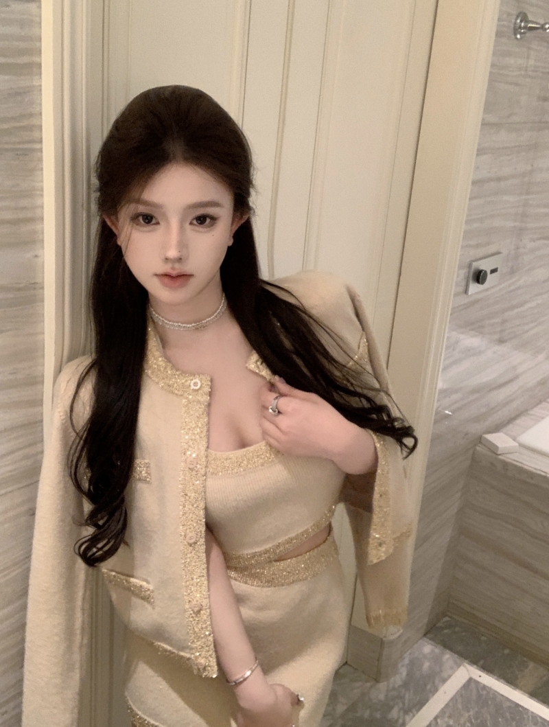 實拍 定製亮絲細膩針織開衫外套/背心/半身裙三件套女套裝