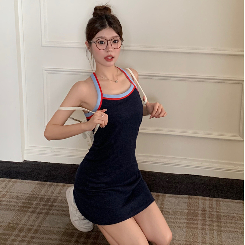 撞色掛脖吊帶裙子女夏季小個子收腰顯瘦辣妹彈力背心運動風連衣裙