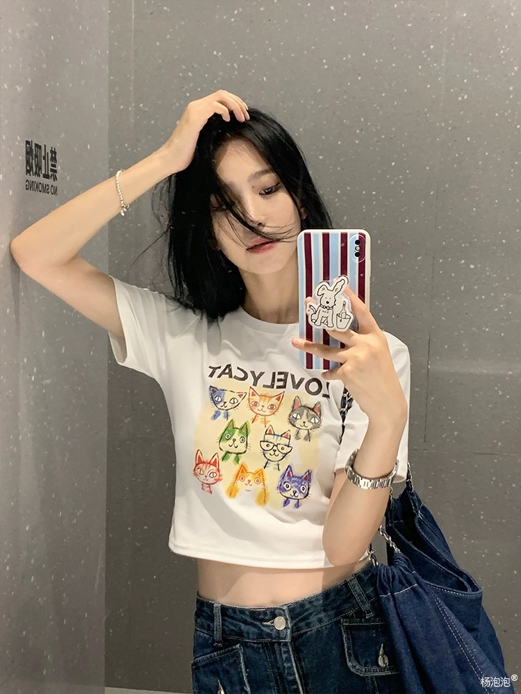 夏季新款韓版減齡顯瘦正肩純棉短袖T恤女印花圓領百搭上衣