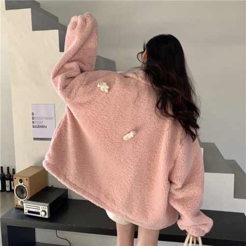 Actual shot of new spring lamb wool jacket for women, woven plush stand-up collar zipper thickened top
