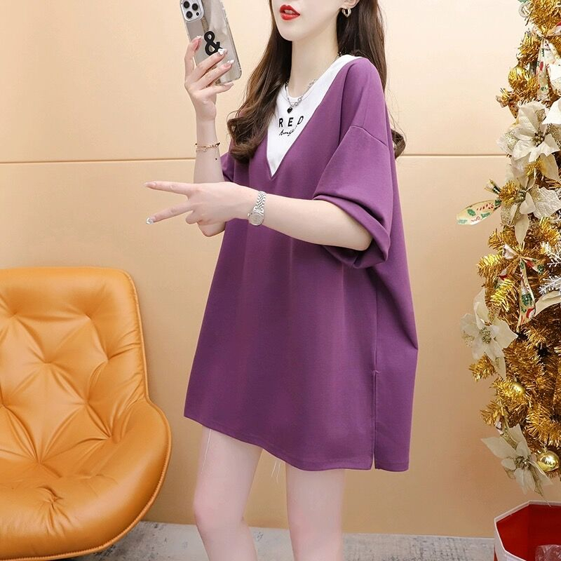 Quality/Pure Cotton/Loose Embroidered Fake Two-piece Stitched Fashion Design Heavy Industry T-shirt