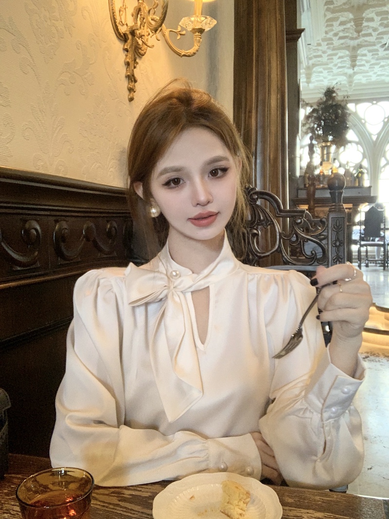 實拍~~名媛高級感寬鬆上衣女法式氣質小眾長袖襯衫