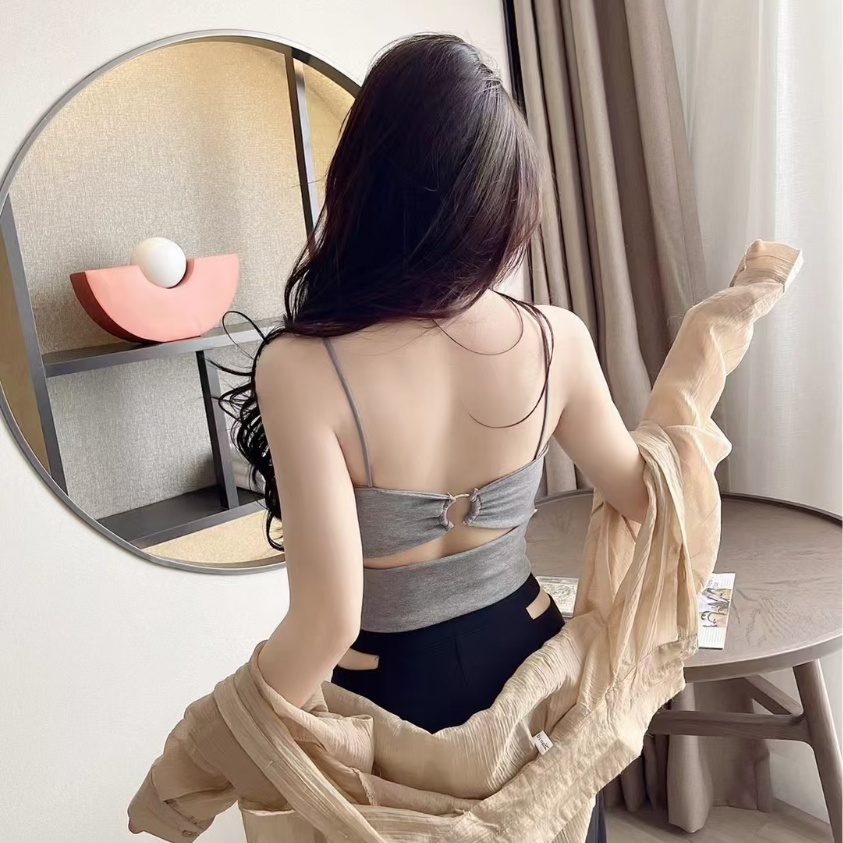 ~辣妹性感低領後背環扣吊帶背心女短款弧形露腰顯上細衣潮