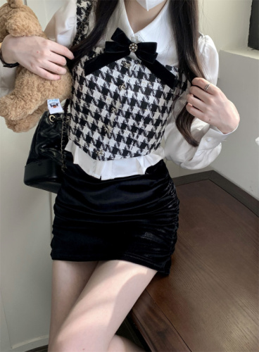Actual shot~ Houndstooth top, shirt, hip-covering skirt, three-piece suit for women