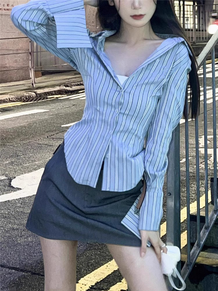 法式辣妹收腰防曬襯衫外套女春秋設計感小眾藍色條紋襯衣女裝上衣