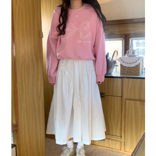 Simple girly bow three-color sweatshirt + white bow skirt