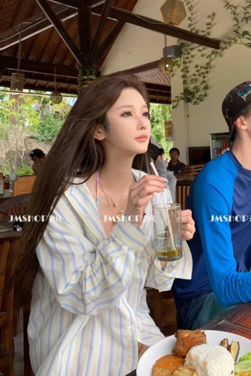 JMSHOP Azaria meets striped shirt women's design loose outer shirt sun protection long-sleeved top