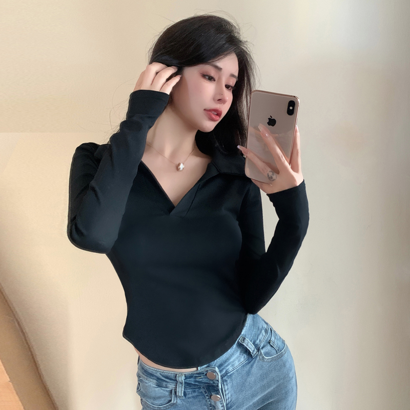 Real shot of polo collar long-sleeved pure cotton T-shirt for women in spring and autumn Korean style design pleated waist tight short top
